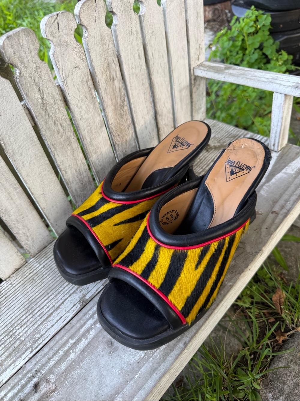 Vintage John Fluevog Dede Tiger Print Calf Hair Mules